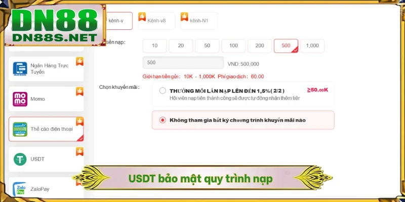 USDT bảo mật quy trình nạp